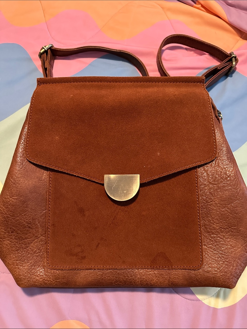 Moda Luxe Chestnut Brown Suede & Leather Backpack with Gold Clasp